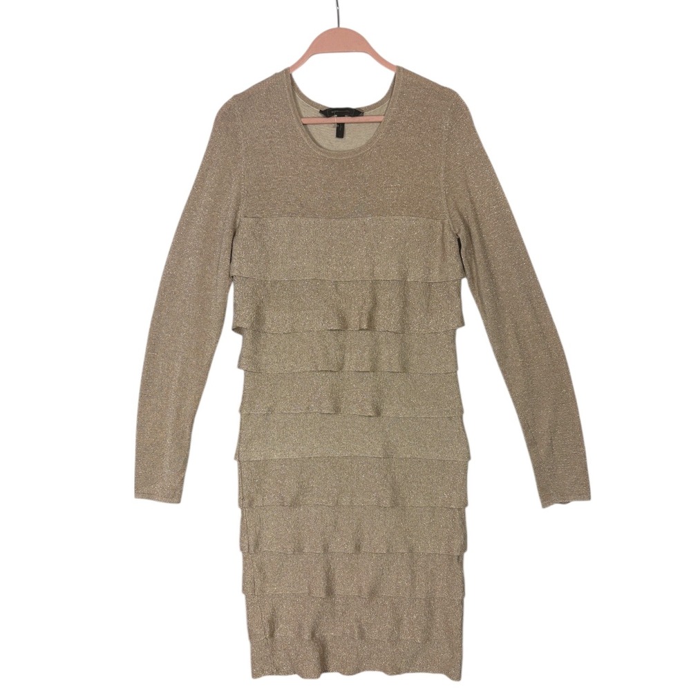BCBGMAXAZRIA Womens Gold Metallic Tiered Knit Sheath Dress Sz L "Mariah" Holiday